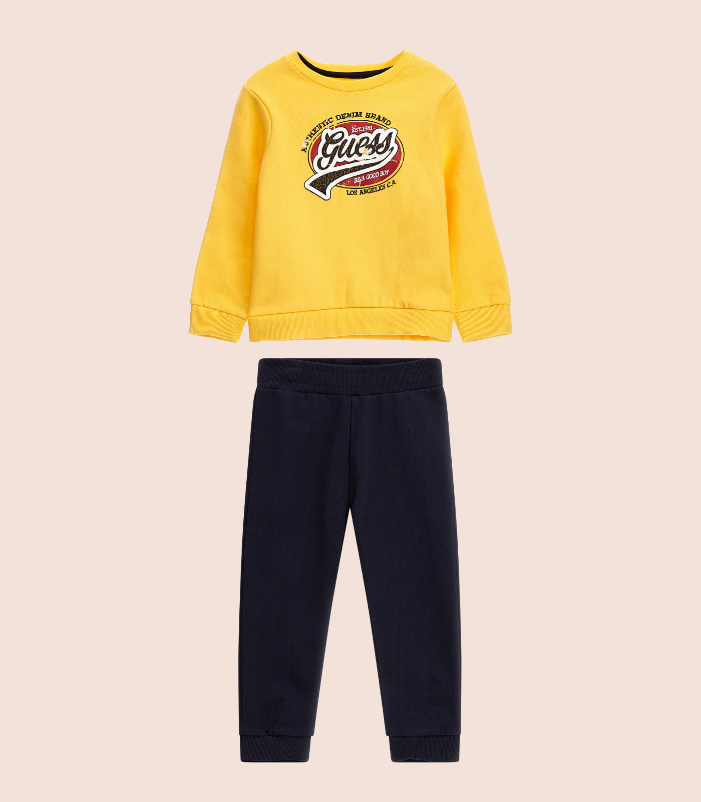 GUESS KIDS x Round Neck Solid T-Shirt with Black Joggers