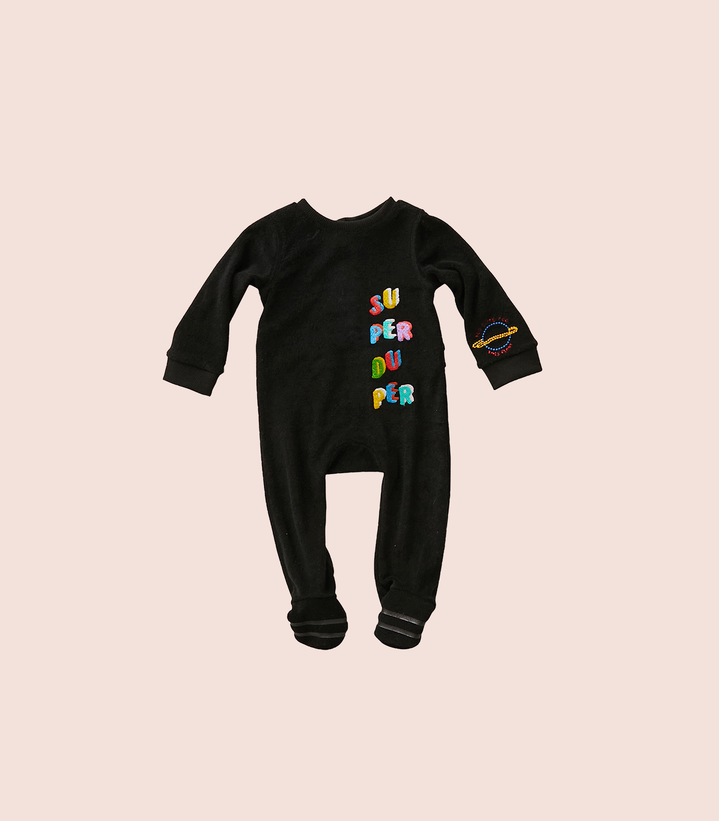 BLACK TERRY ONESIE WITH TEXT EMBROIDERY